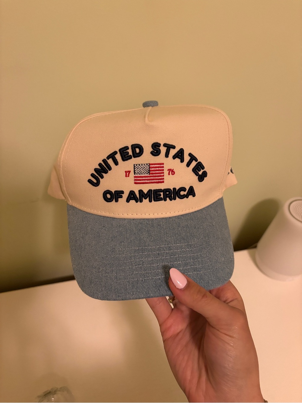 Two-Tone 'United States of America' Patch Baseball Cap - Cream & Denim